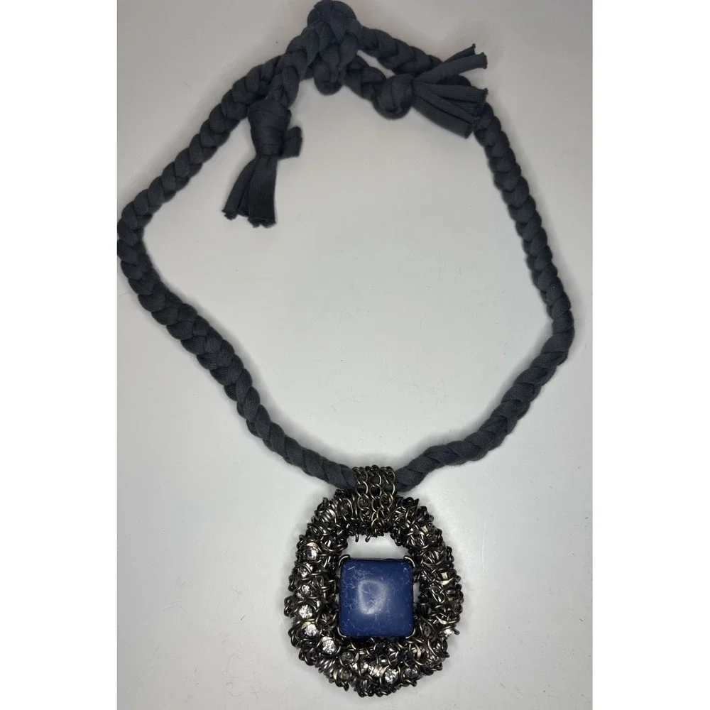 Artisan Statement Necklace Blue Glass Cabochon Rhinestone Pendant Boho